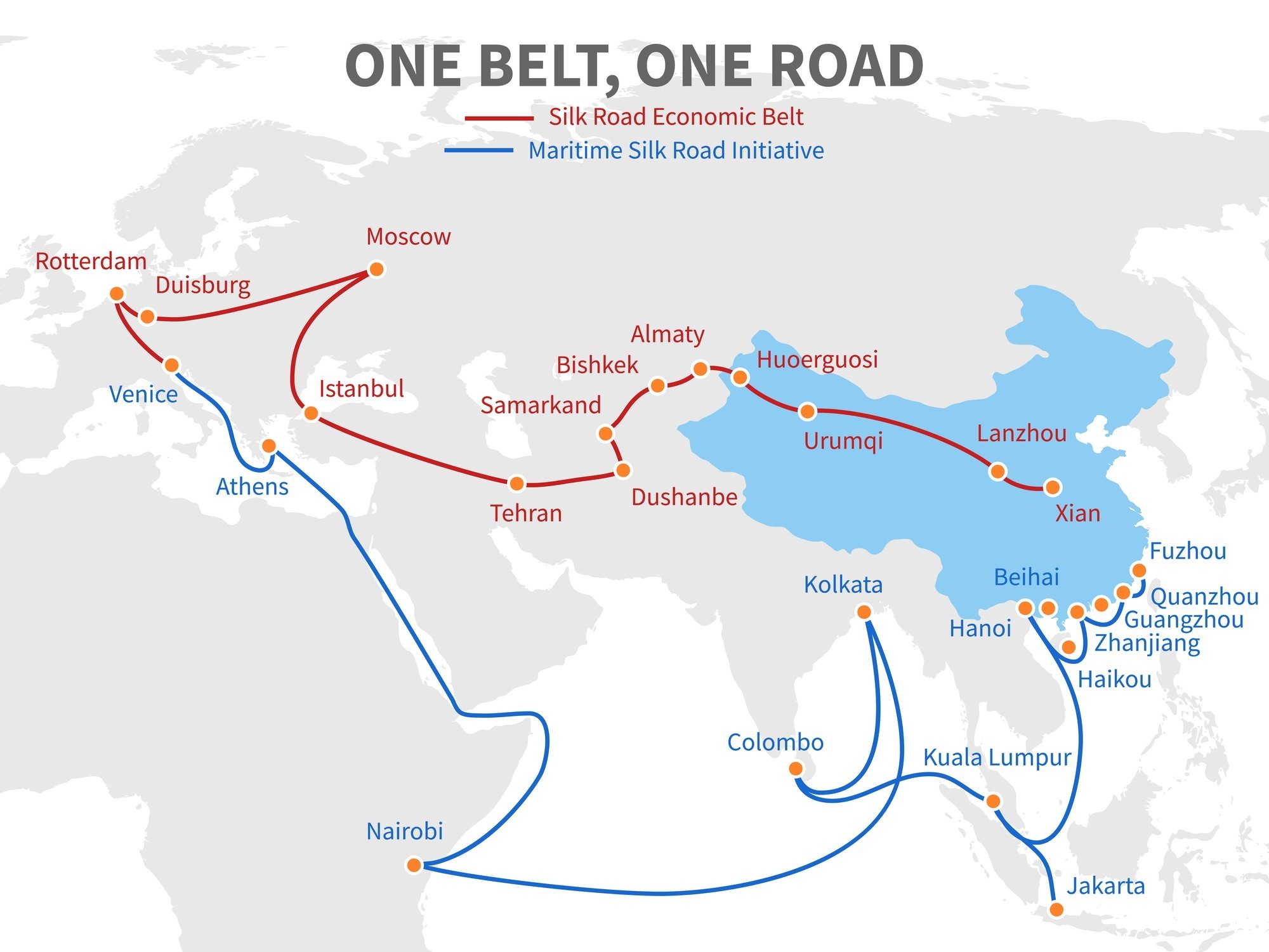 One belt - one road chinese modern silk road. Economic transport way on world map vector illustration. Transit roadmap, shipping european and eurasia distant
